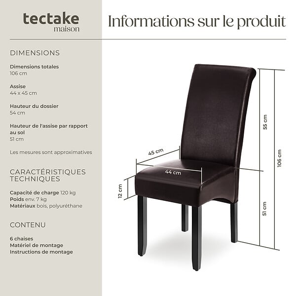 TECTAKE - Ensemble de 6 chaises de salle à manger Rembourrées aspect cuir marron - large