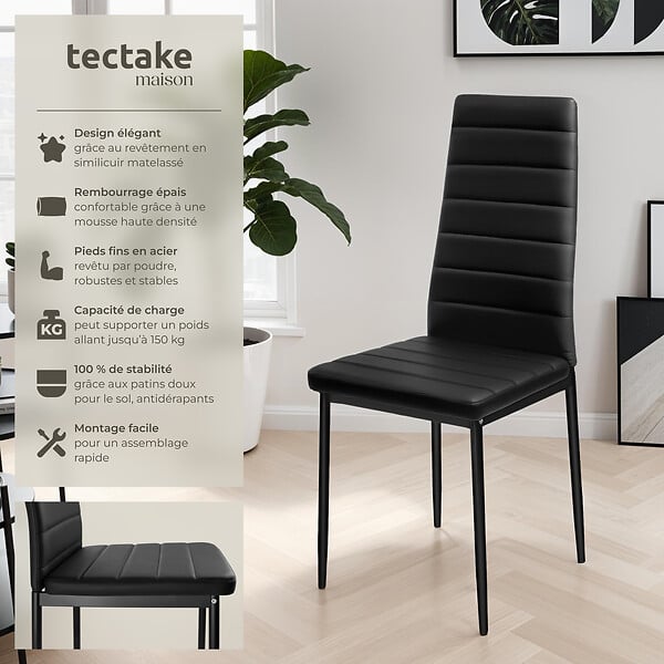 TECTAKE - Ensemble de 6 chaises de salle à manger rembourrées aspect cuir noir - large
