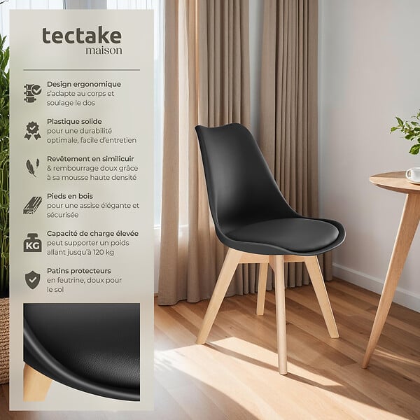 TECTAKE - Lot 4 chaises salle à manger style scandinave forme ergonomique noir - large