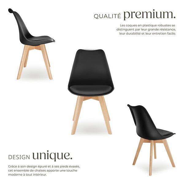 TECTAKE - Lot 4 chaises salle à manger style scandinave forme ergonomique noir - large