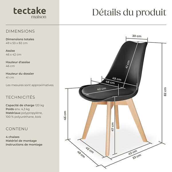 TECTAKE - Lot 4 chaises salle à manger style scandinave forme ergonomique noir - large