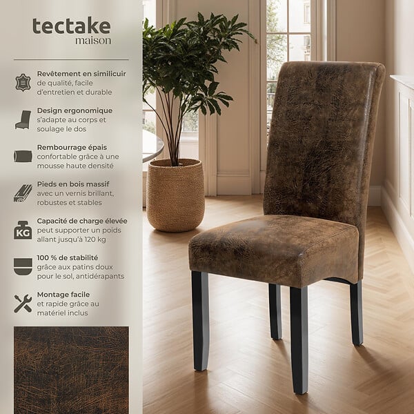 TECTAKE - Ensemble 4 chaises de salle à manger aspect cuir marron foncé - large