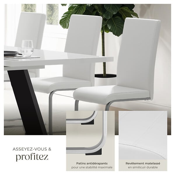 TECTAKE - Lot de 8 chaises Rembourrées en cuir synthétique ergonomique blanc - large