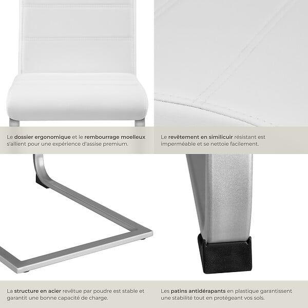 TECTAKE - Lot de 8 chaises Rembourrées en cuir synthétique ergonomique blanc - large