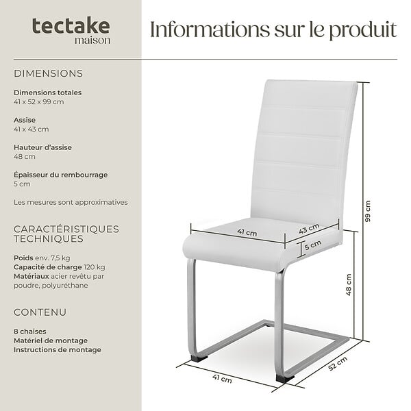 TECTAKE - Lot de 8 chaises Rembourrées en cuir synthétique ergonomique blanc - large