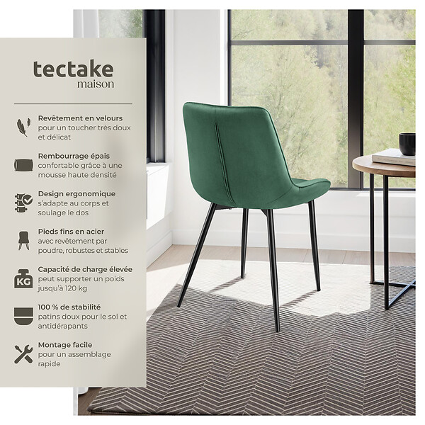 TECTAKE - Lot de 8 chaises Rembourrées aspect velours Ergonomique vert foncé - large