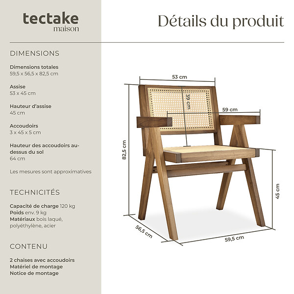 TECTAKE - Lot 2 chaises de salle à manger cannage viennois boho chêne clair - large
