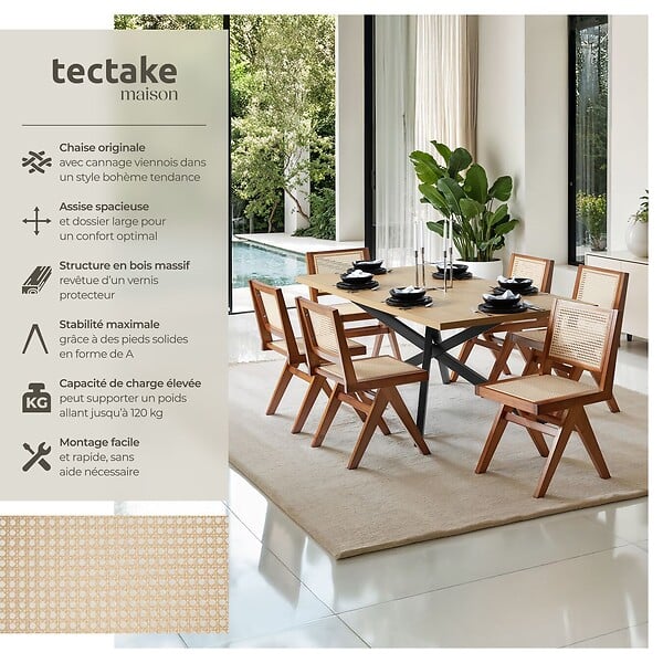 TECTAKE - Chaise en bois avec cannage viennois design boho chêne foncé - large