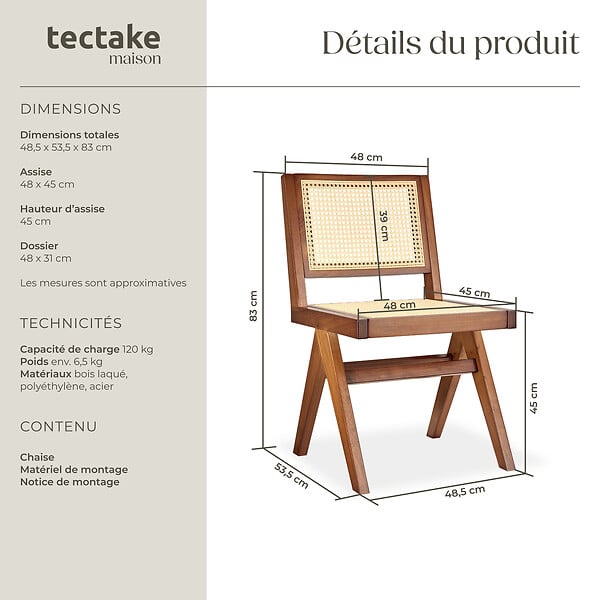 TECTAKE - Chaise en bois avec cannage viennois design boho chêne foncé - large
