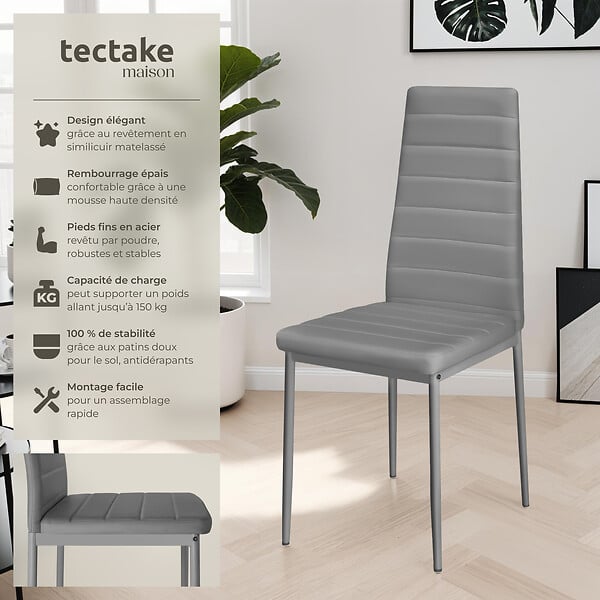 TECTAKE - Ensemble 4 chaises de salle à manger avec revêtement aspect cuir gris - large