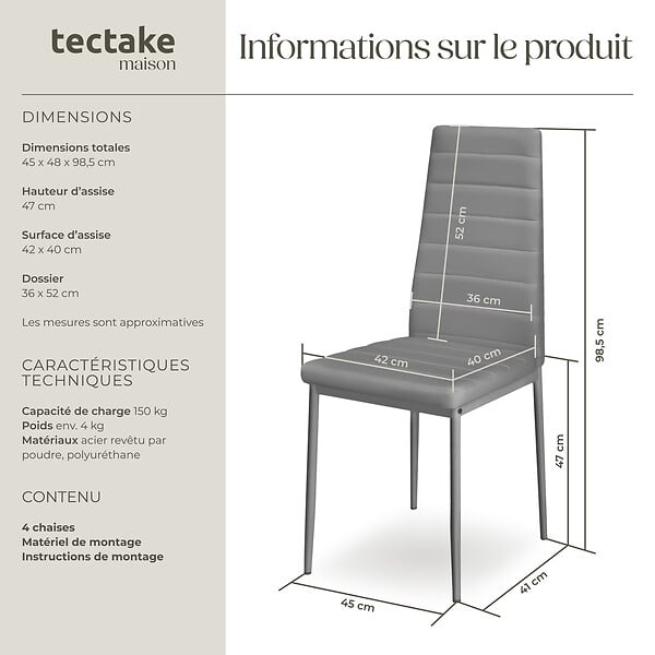 TECTAKE - Ensemble 4 chaises de salle à manger avec revêtement aspect cuir gris - large