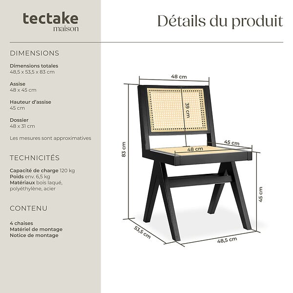 TECTAKE - Lot de 4 chaises en bois avec cannage viennois design boho noir - large