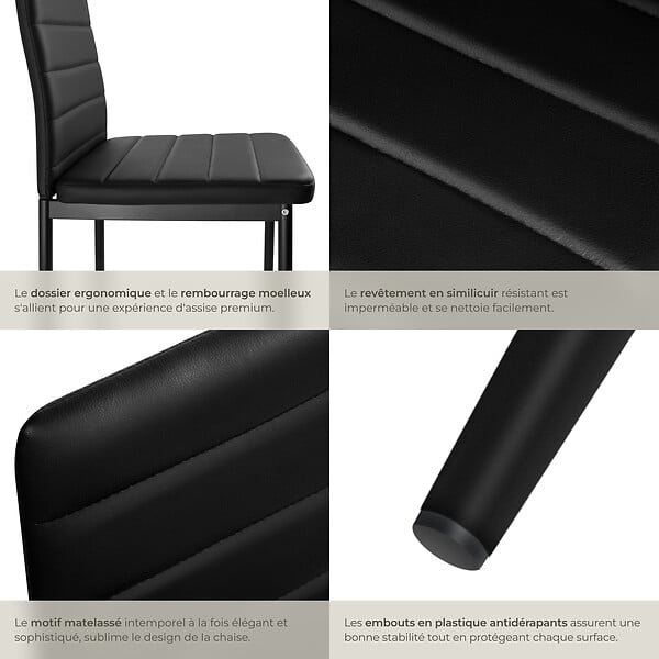 TECTAKE - Ensemble 4 chaises de salle à manger aspect cuir ergonomique noir - large