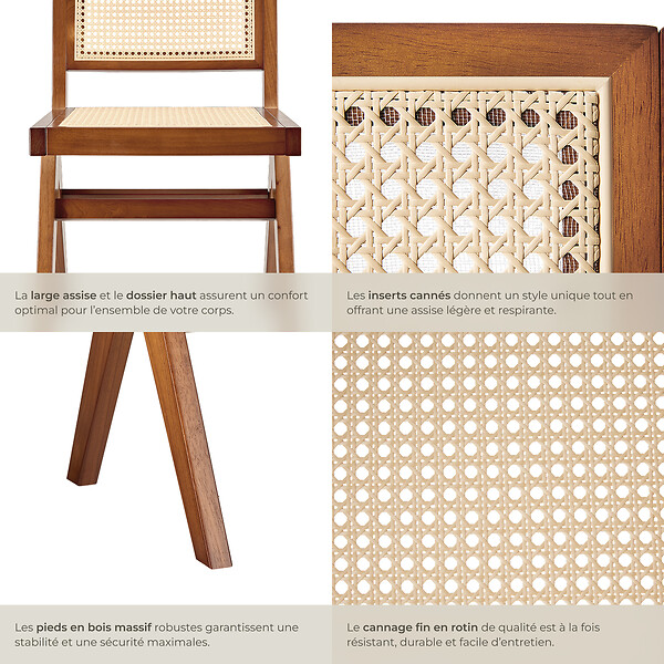 TECTAKE - Lot 2 chaises en bois avec cannage viennois design boho chêne foncé - large