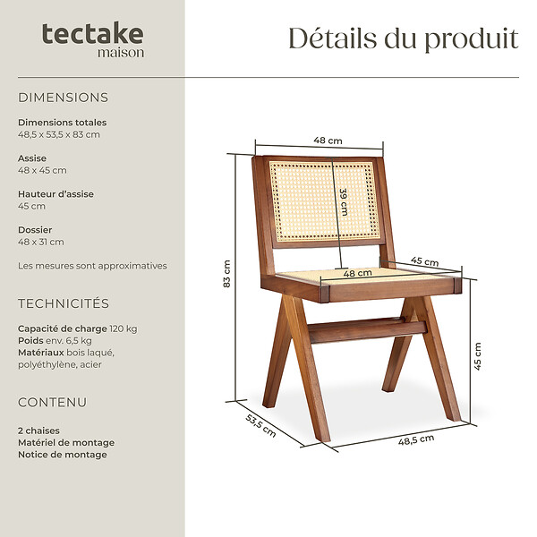 TECTAKE - Lot 2 chaises en bois avec cannage viennois design boho chêne foncé - large