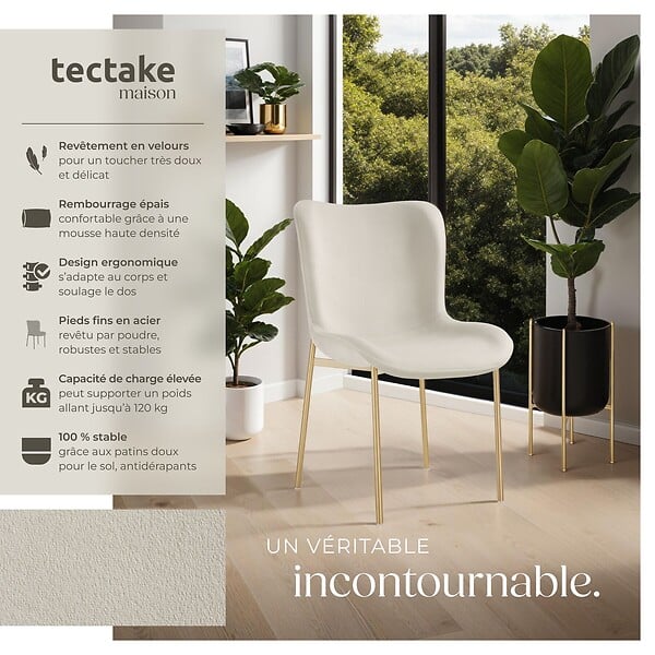 TECTAKE - Chaise rembourrée aspect velours forme ergonomique dossier haut beige - large