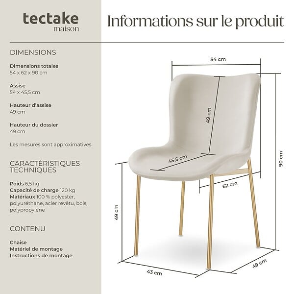 TECTAKE - Chaise rembourrée aspect velours forme ergonomique dossier haut beige - large