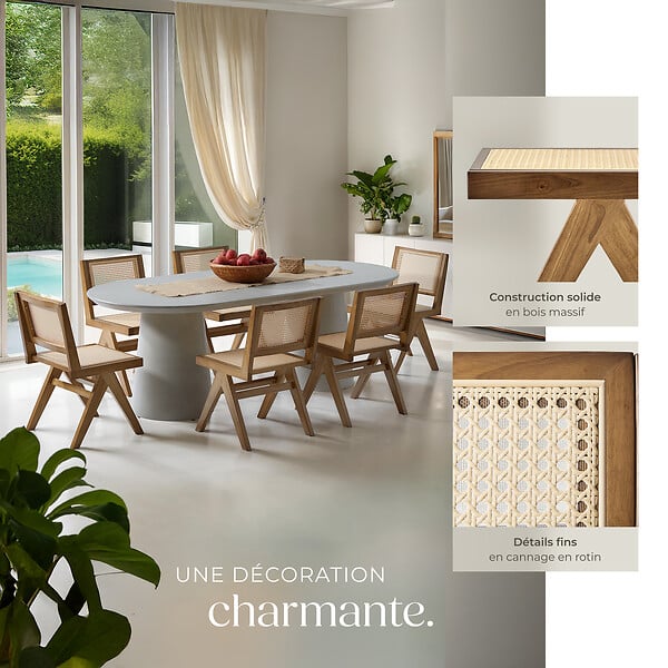 TECTAKE - Lot 4 chaises en bois avec cannage viennois design boho chêne clair - large