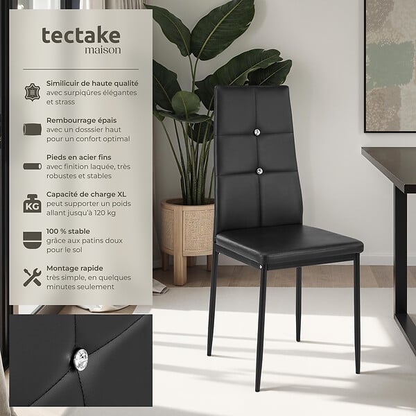 TECTAKE - Ensemble de 6 chaises de salle à manger à paillettes aspect cuir noir - large