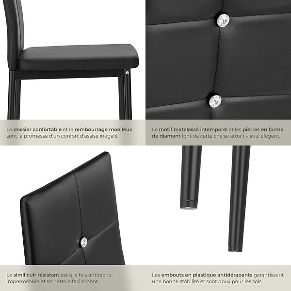 TECTAKE - Ensemble de 6 chaises de salle à manger à paillettes aspect cuir noir - large