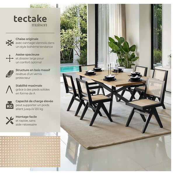 TECTAKE - Lot de 6 chaises en bois avec cannage viennois design boho noir - large