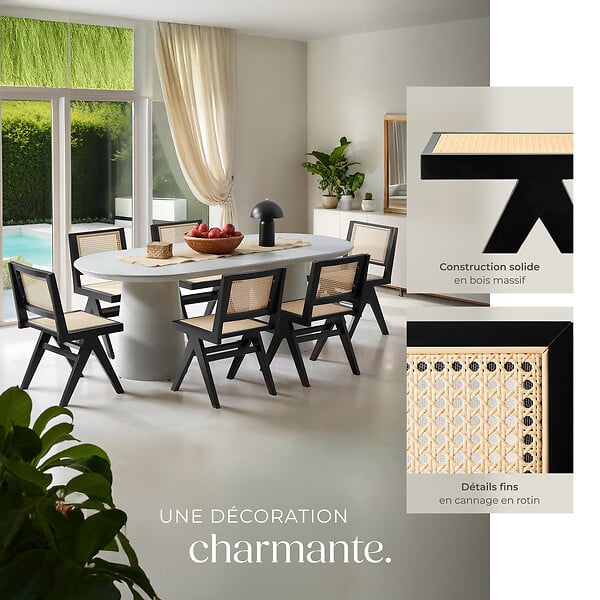 TECTAKE - Lot de 6 chaises en bois avec cannage viennois design boho noir - large