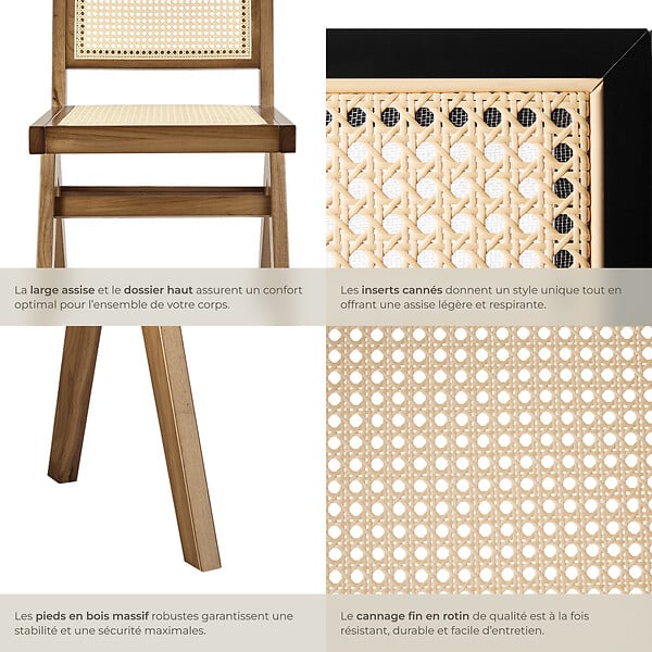 TECTAKE - Lot de 6 chaises en bois avec cannage viennois design boho noir - large