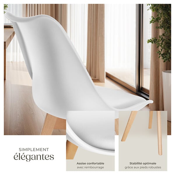 TECTAKE - Lot 2 chaises salle à manger style scandinave forme ergonomique blanc - large