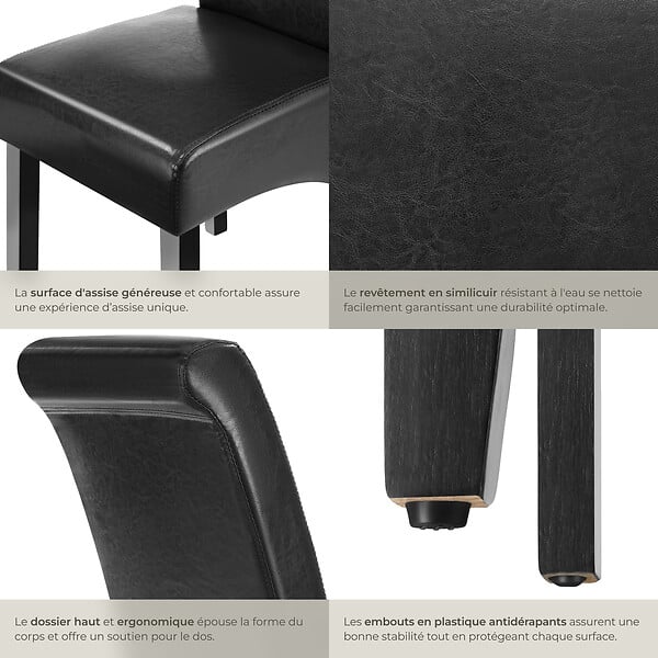 TECTAKE - Ensemble de 2 chaises de salle à manger aspect cuir ergonomiques noir - large
