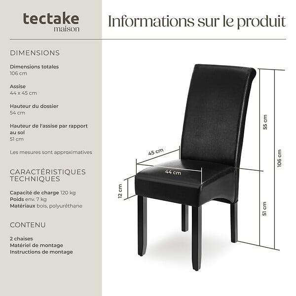 TECTAKE - Ensemble de 2 chaises de salle à manger aspect cuir ergonomiques noir - large