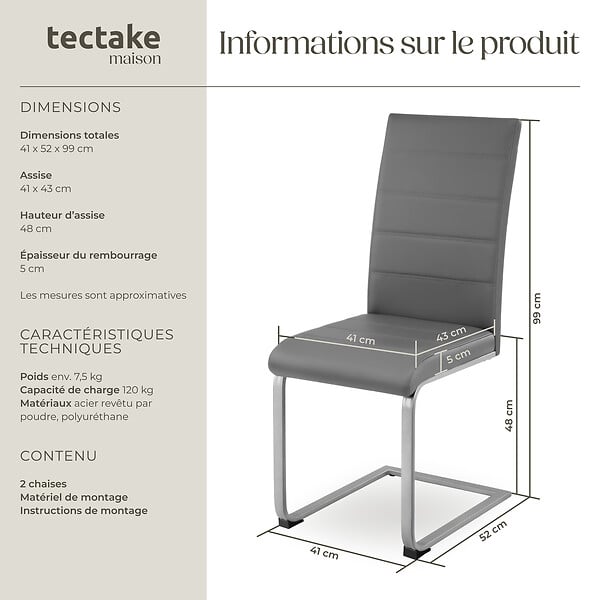 TECTAKE - Ensemble de 2 chaises de salle à manger aspect cuir ergonomiques gris - large