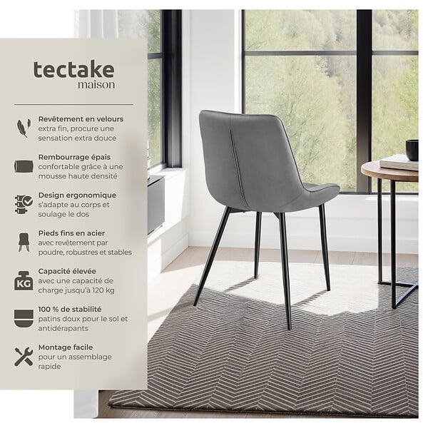 TECTAKE - Lot de 4 chaises Rembourrées aspect velours assise Ergonomique gris - large