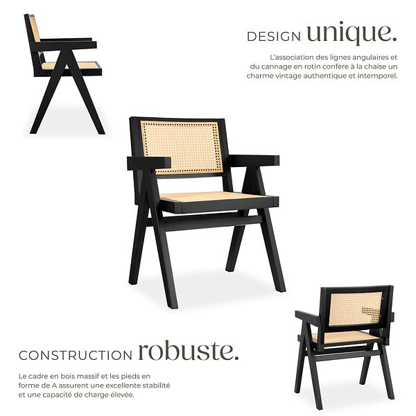 TECTAKE - Lot 4 chaises de salle à manger cannage viennois style boho noir - large