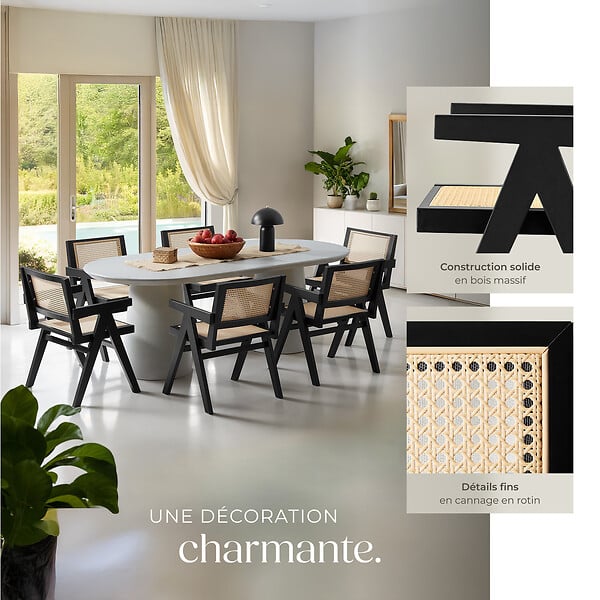 TECTAKE - Lot 4 chaises de salle à manger cannage viennois style boho noir - large
