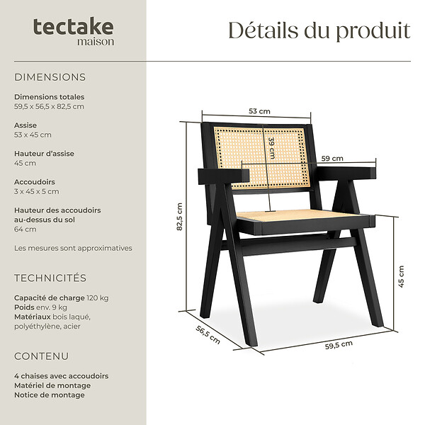 TECTAKE - Lot 4 chaises de salle à manger cannage viennois style boho noir - large
