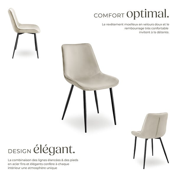 TECTAKE - Lot 2 chaises assise ergonomique rembourrée aspect velours crème - large