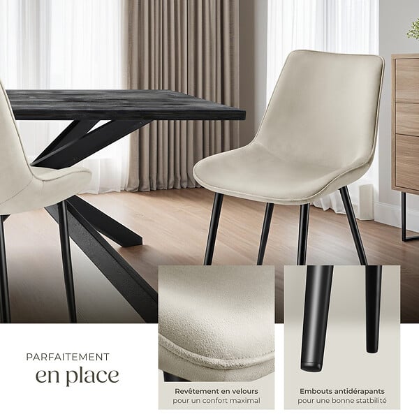 TECTAKE - Lot 2 chaises assise ergonomique rembourrée aspect velours crème - large