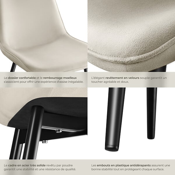 TECTAKE - Lot 2 chaises assise ergonomique rembourrée aspect velours crème - large