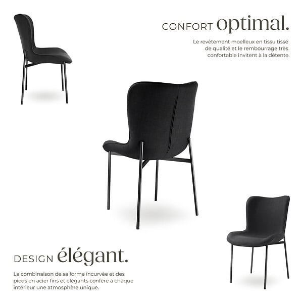TECTAKE - 4 chaises rembourrées revêtement en tissu et forme ergonomique noir - large