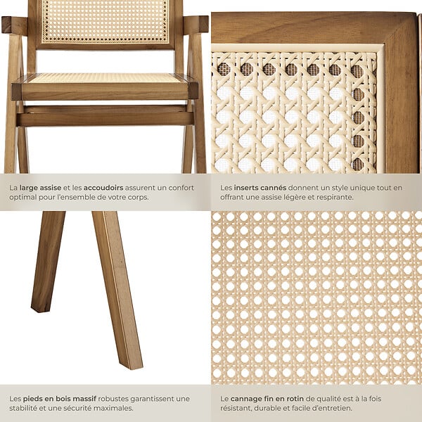 TECTAKE - Lot 4 chaises de salle à manger cannage viennois boho chêne clair - large