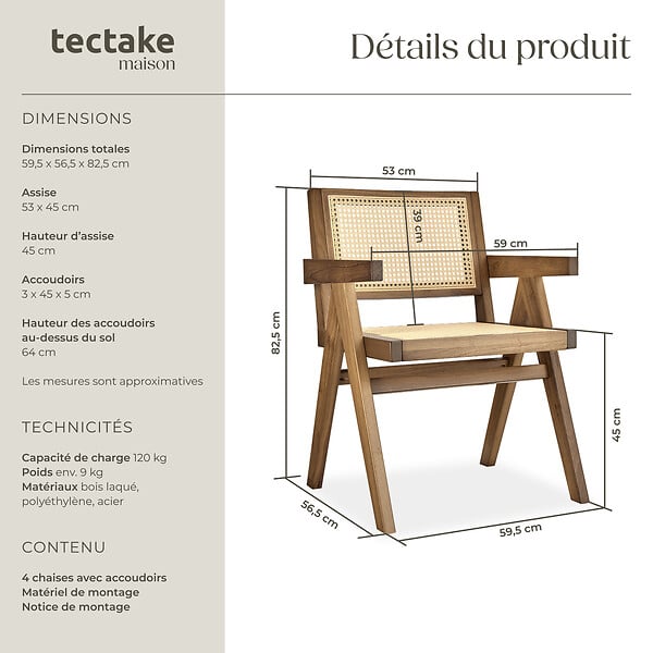 TECTAKE - Lot 4 chaises de salle à manger cannage viennois boho chêne clair - large