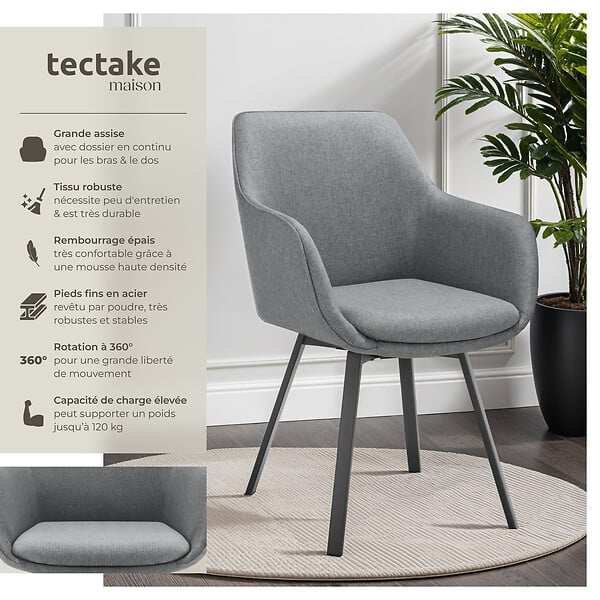 TECTAKE - Lot 2 Fauteuils pivotants rembourrés avec accoudoirs et dossier gris - large