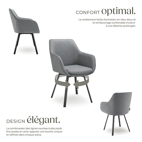 TECTAKE - Lot 2 Fauteuils pivotants rembourrés avec accoudoirs et dossier gris - large