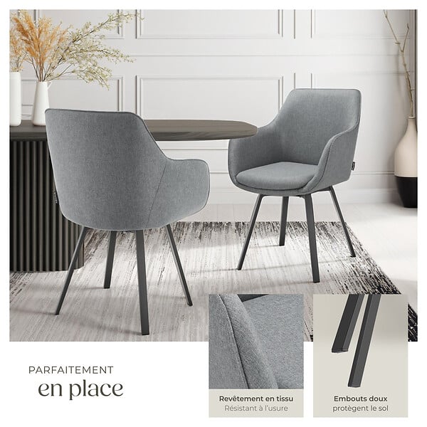 TECTAKE - Lot 2 Fauteuils pivotants rembourrés avec accoudoirs et dossier gris - large
