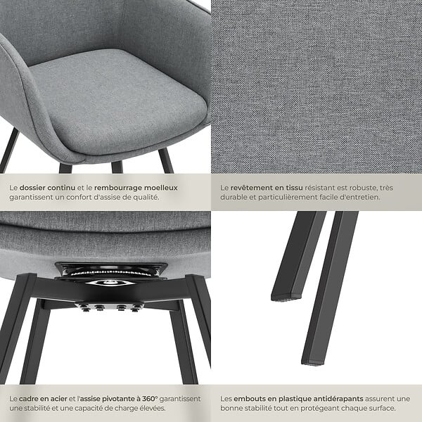 TECTAKE - Lot 2 Fauteuils pivotants rembourrés avec accoudoirs et dossier gris - large