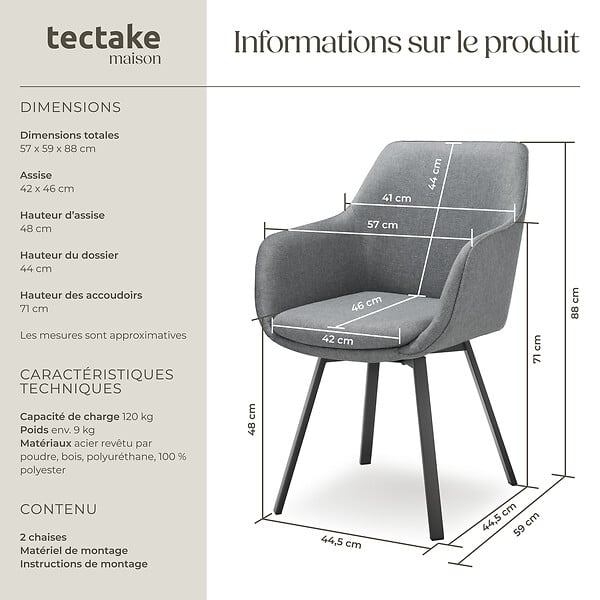 TECTAKE - Lot 2 Fauteuils pivotants rembourrés avec accoudoirs et dossier gris - large