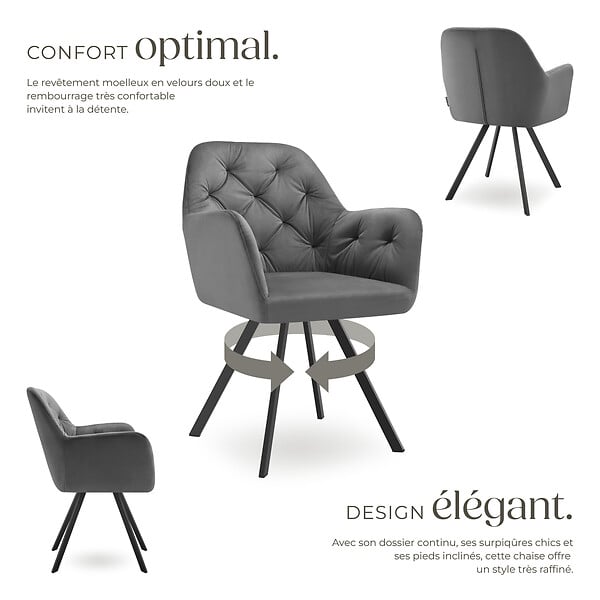 TECTAKE - Fauteuil pivotant 180° en velours rembourré motif matelassé gris - large