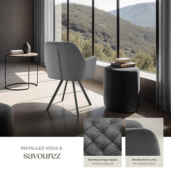 TECTAKE - Fauteuil pivotant 180° en velours rembourré motif matelassé gris - large