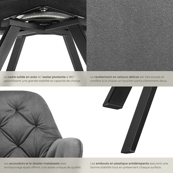 TECTAKE - Fauteuil pivotant 180° en velours rembourré motif matelassé gris - large