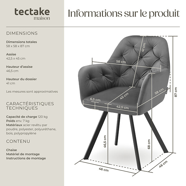 TECTAKE - Fauteuil pivotant 180° en velours rembourré motif matelassé gris - large